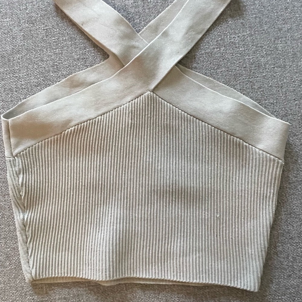 Babaton Light Beige Cross-Back Ribbed Top